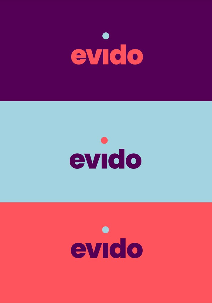 Das Logo Evido auf Violett, Hellblau und Korallrot