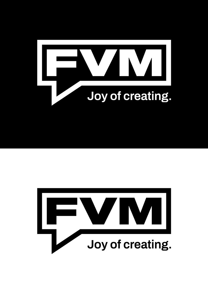 Das Logo FVM «Joy of creating.» auf Schwarz und auf Weiss