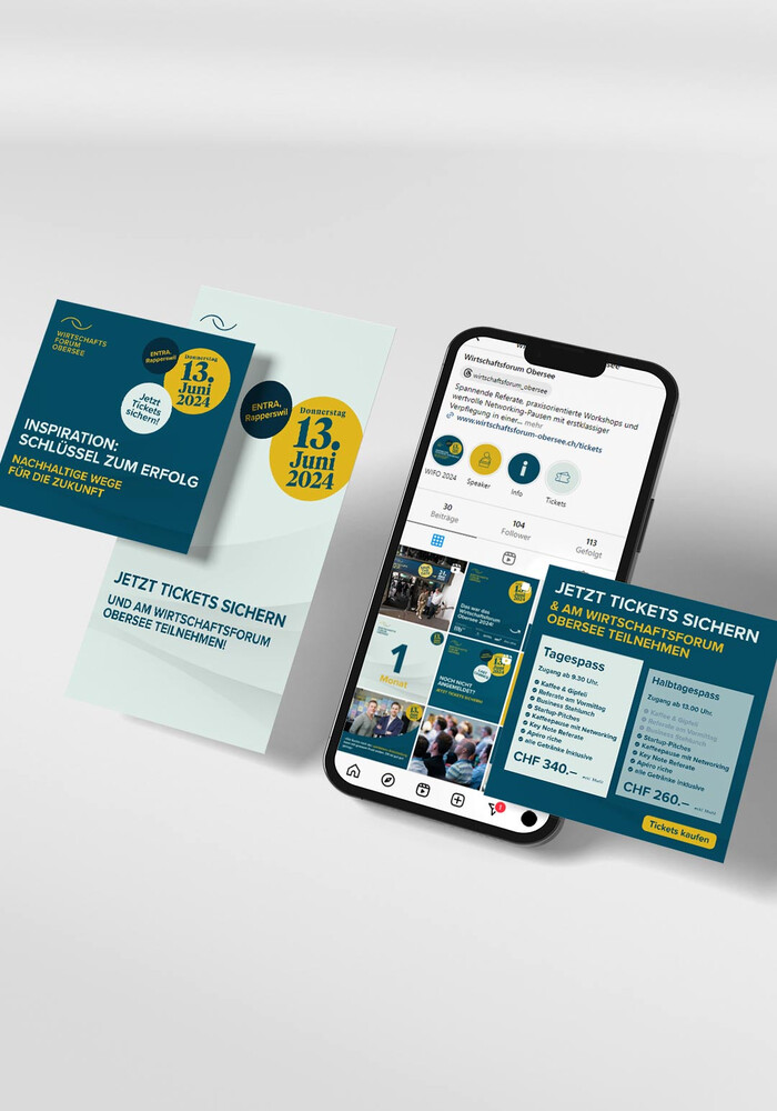 Flyer und der Social-Media-Kanal auf dem Telefon